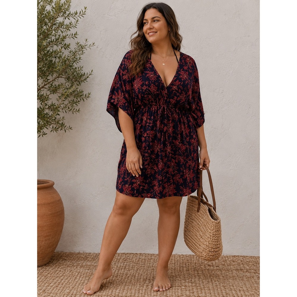 Lands End Floral Swim Cover Up Dress XL-XXL Navy Red Modal V-Neck Kaftan Style